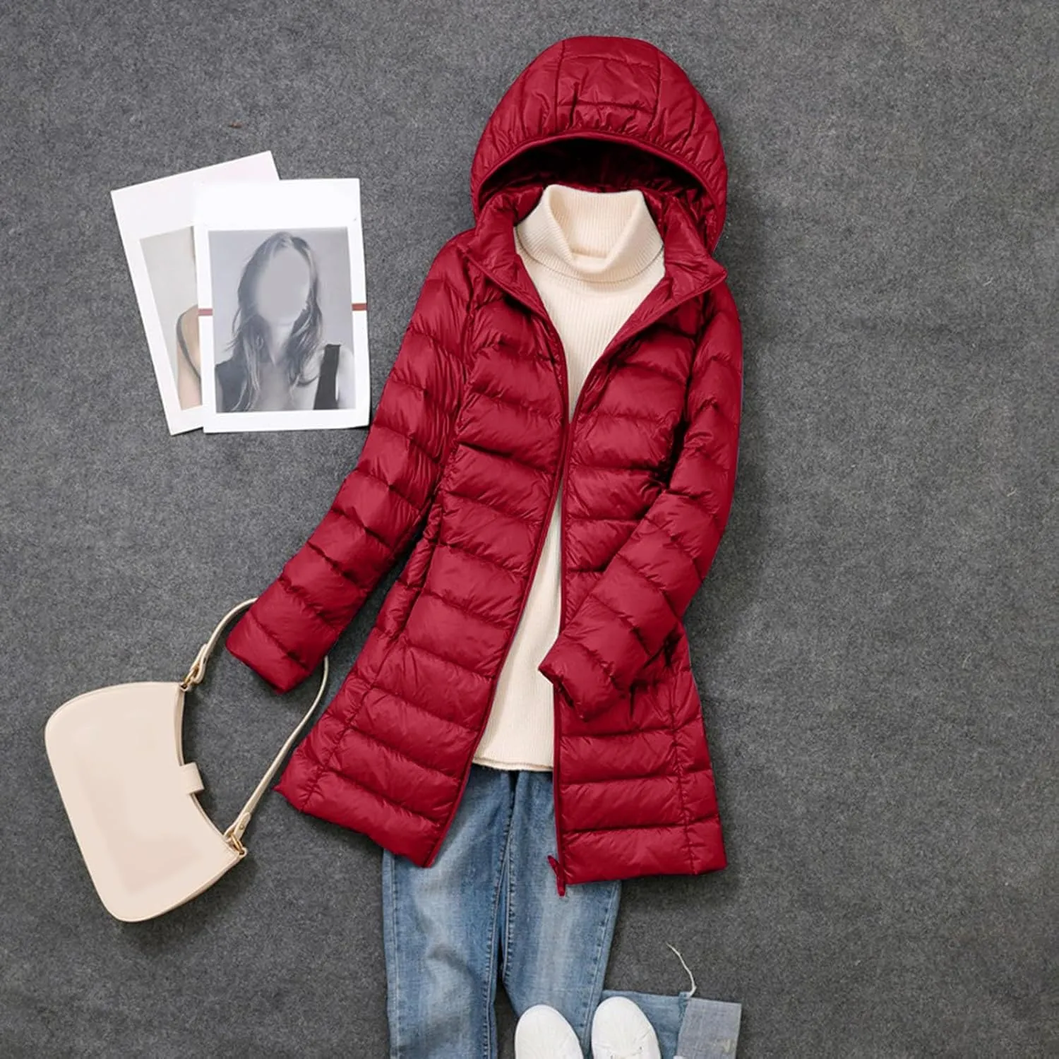 Plus Size Women Packable Down Quilted Jacket Lightweight Puffer Coat Long Warm Solid Waterproof Windproof Jackets with Hood