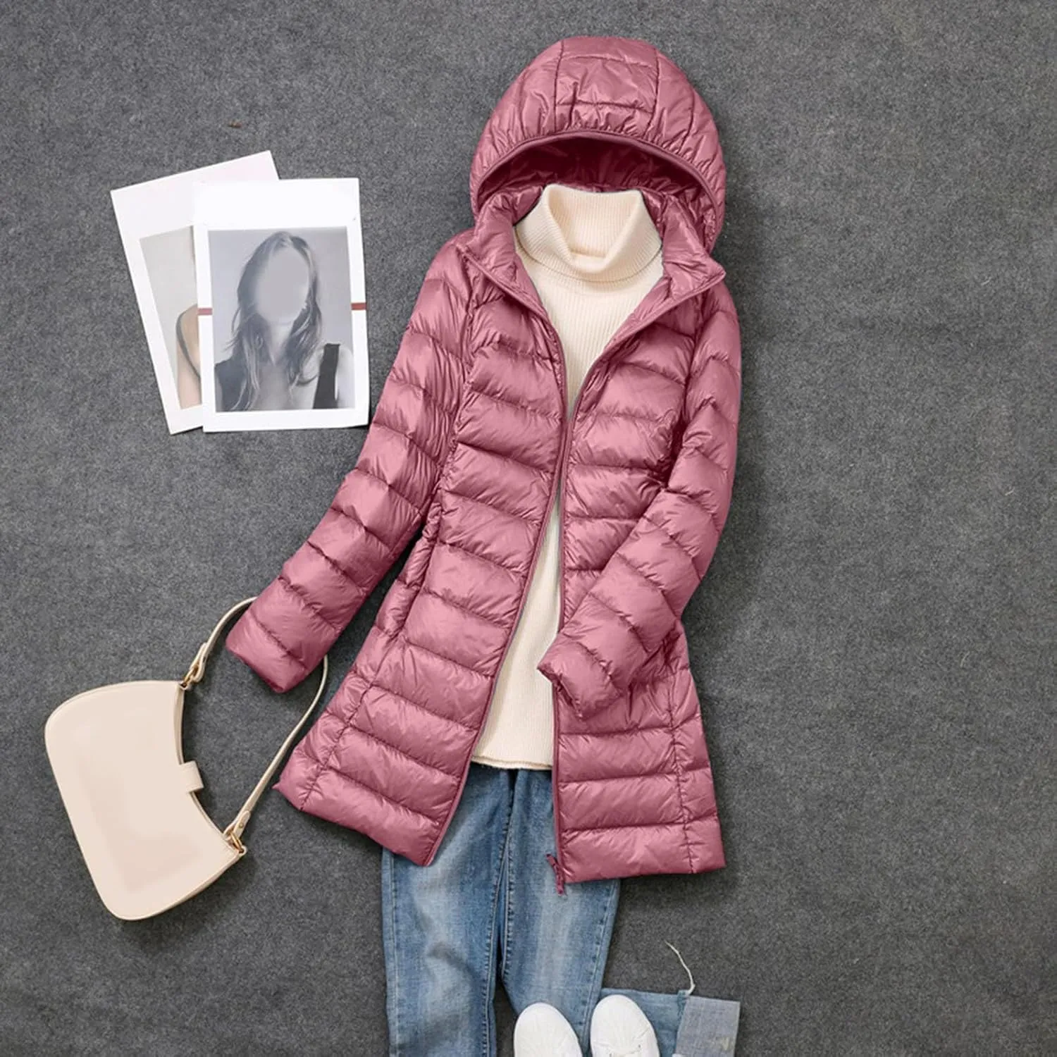 Plus Size Women Packable Down Quilted Jacket Lightweight Puffer Coat Long Warm Solid Waterproof Windproof Jackets with Hood
