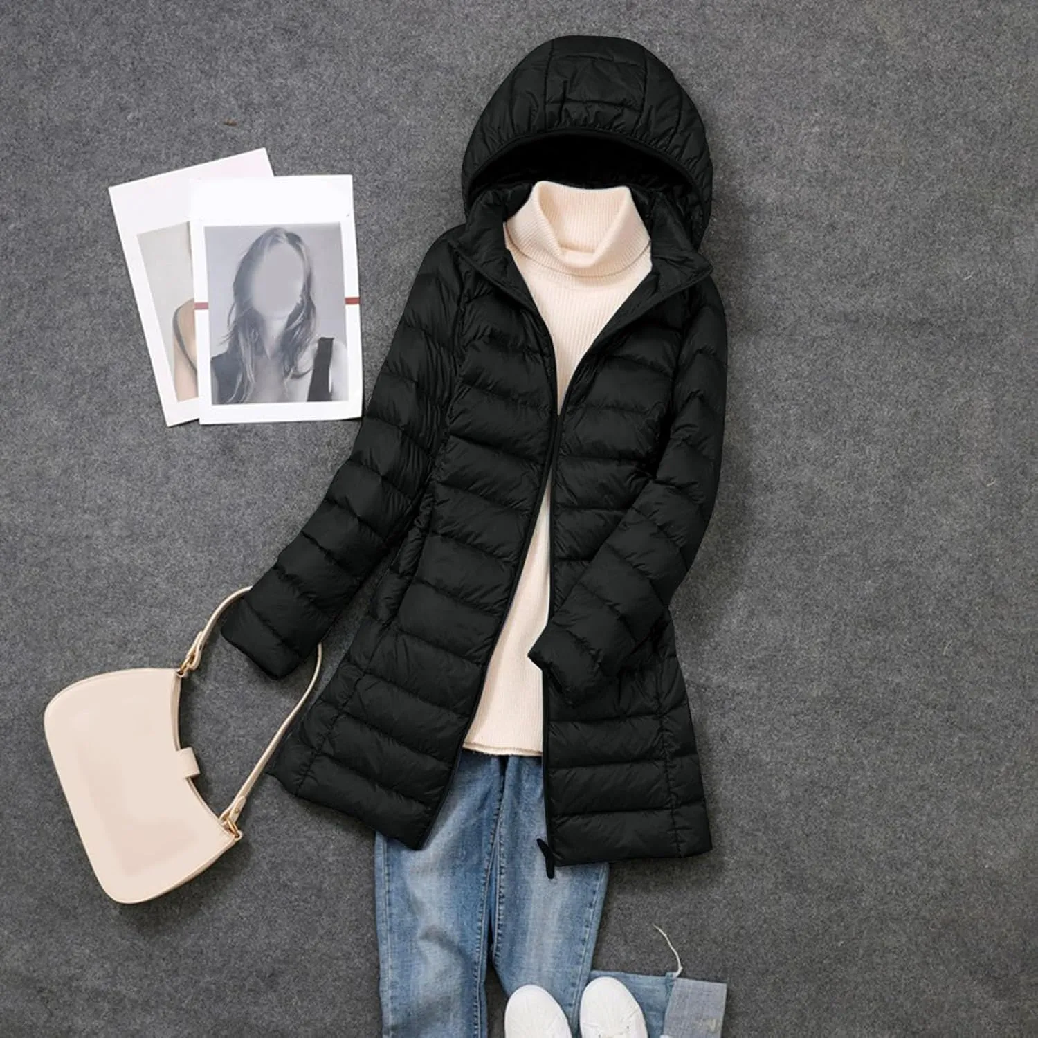 Plus Size Women Packable Down Quilted Jacket Lightweight Puffer Coat Long Warm Solid Waterproof Windproof Jackets with Hood
