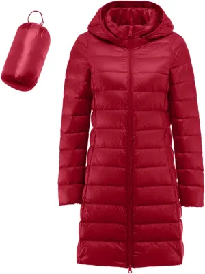 Plus Size Women Packable Down Quilted Jacket Lightweight Puffer Coat Long Warm Solid Waterproof Windproof Jackets with Hood