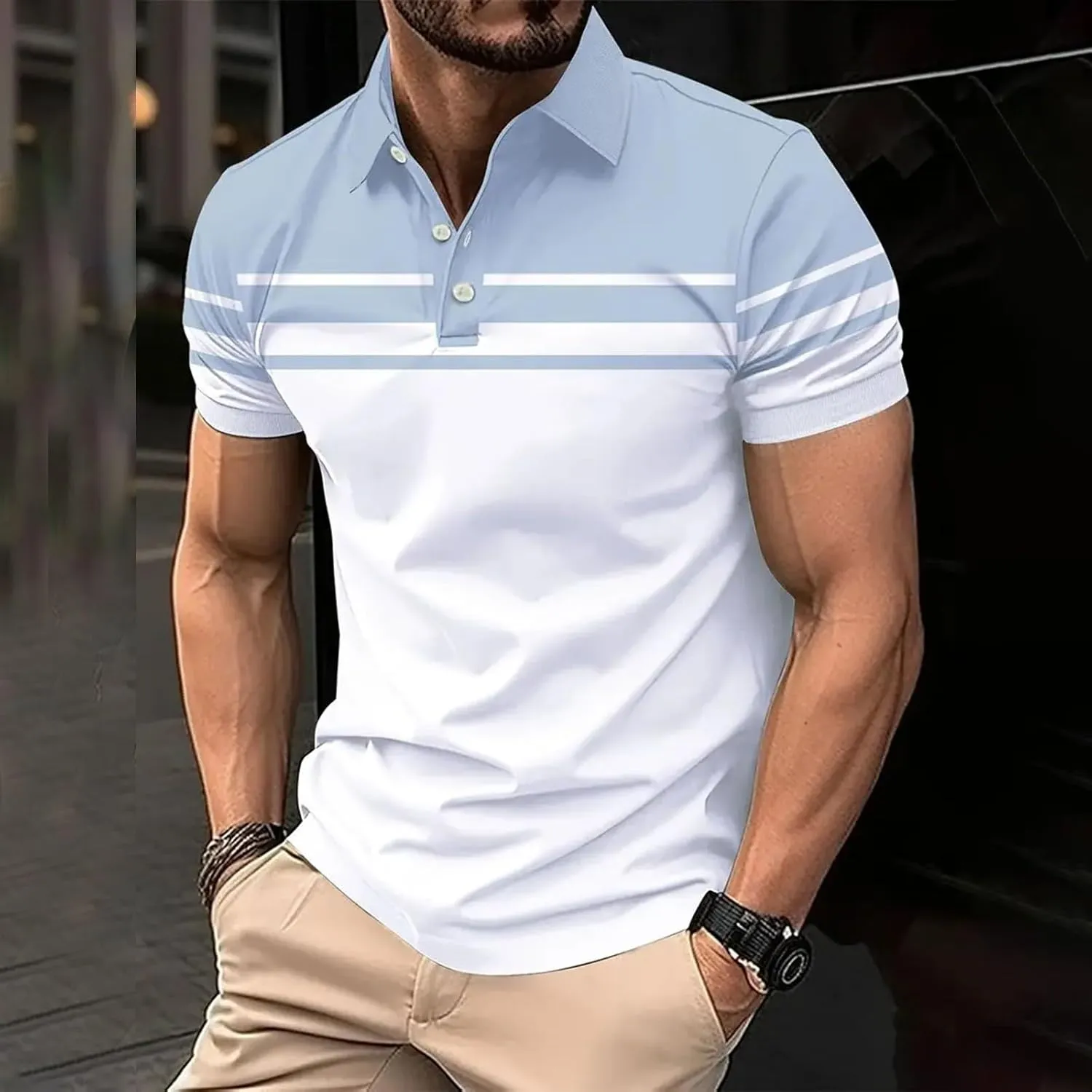 Polo Shirts for Men Moisture Wicking Performance Casual Short Sleeve Golf Shirt Stylish Striped Smart Formal T-Shirts