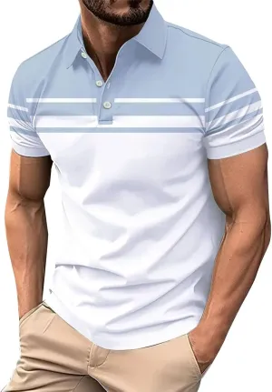 Polo Shirts for Men Moisture Wicking Performance Casual Short Sleeve Golf Shirt Stylish Striped Smart Formal T-Shirts