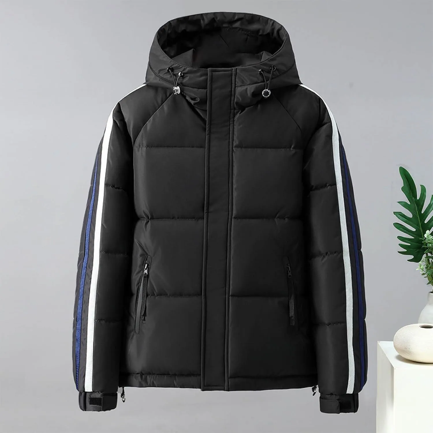Puffer Jacket Men Thick Down Jacket Warm Winter Hooded Coat Zip up Padded Coat Quilted Insulated Jacket Thermal Outwear