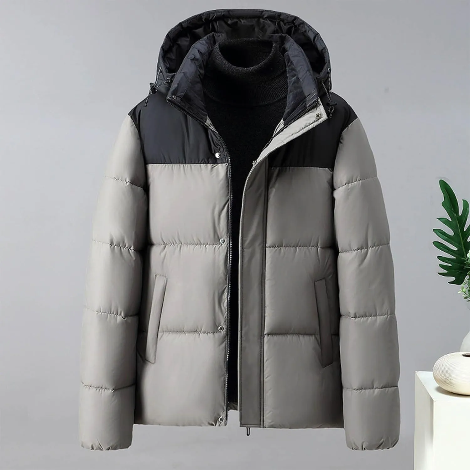 Puffer Jacket Men Zip up Padded Coat Hooded Down Jacket Warm Winter Coat Quilted Insulated Jacket Thermal Outwear