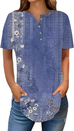 SHAOBGE Summer Tops for Women 2025 Vacation Trendy V Neck Boho Short Sleeve Shirts Casual Loose Comfy Tunics
