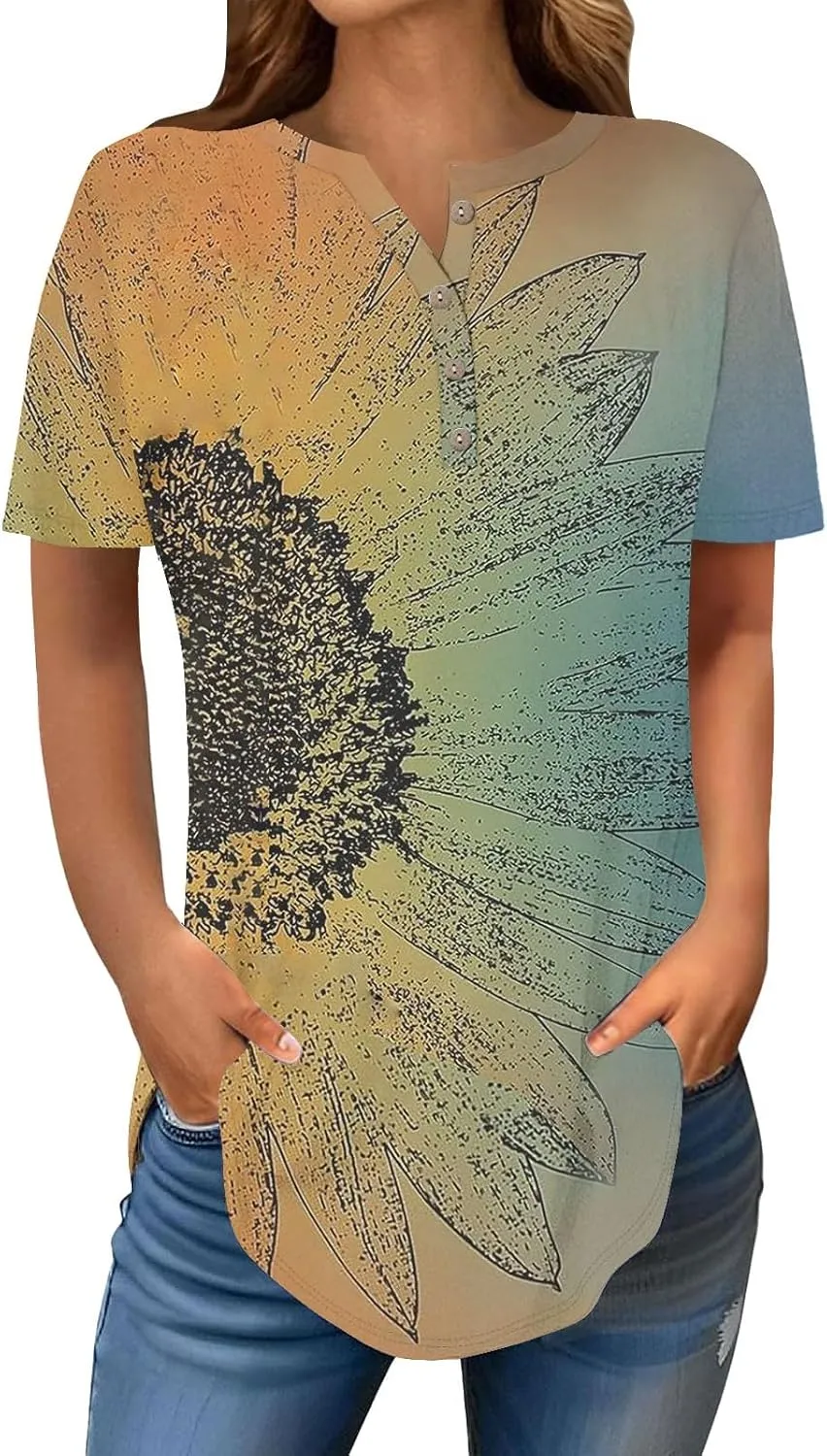 SHAOBGE Summer Tops for Women 2025 Vacation Trendy V Neck Boho Short Sleeve Shirts Casual Loose Comfy Tunics