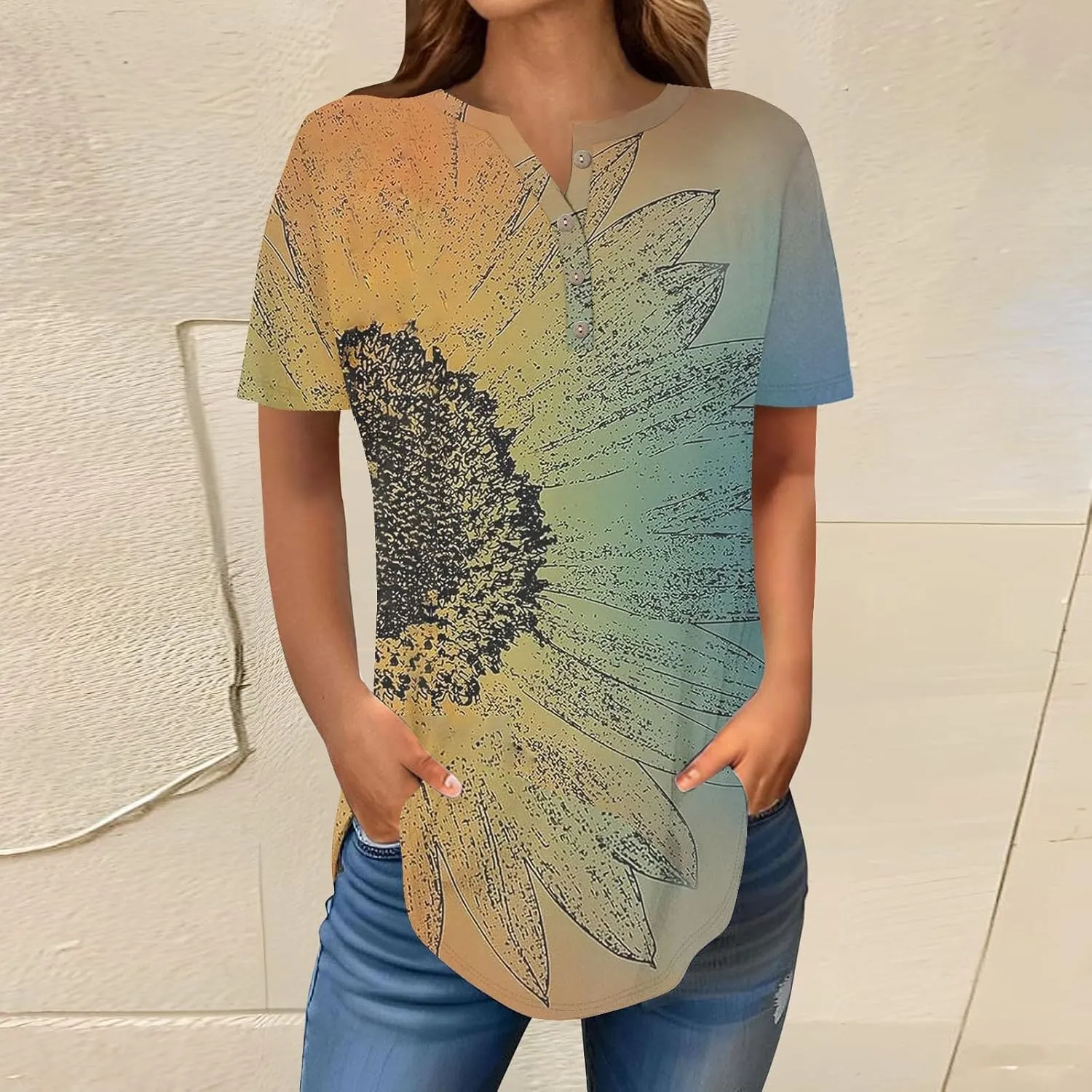 SHAOBGE Summer Tops for Women 2025 Vacation Trendy V Neck Boho Short Sleeve Shirts Casual Loose Comfy Tunics