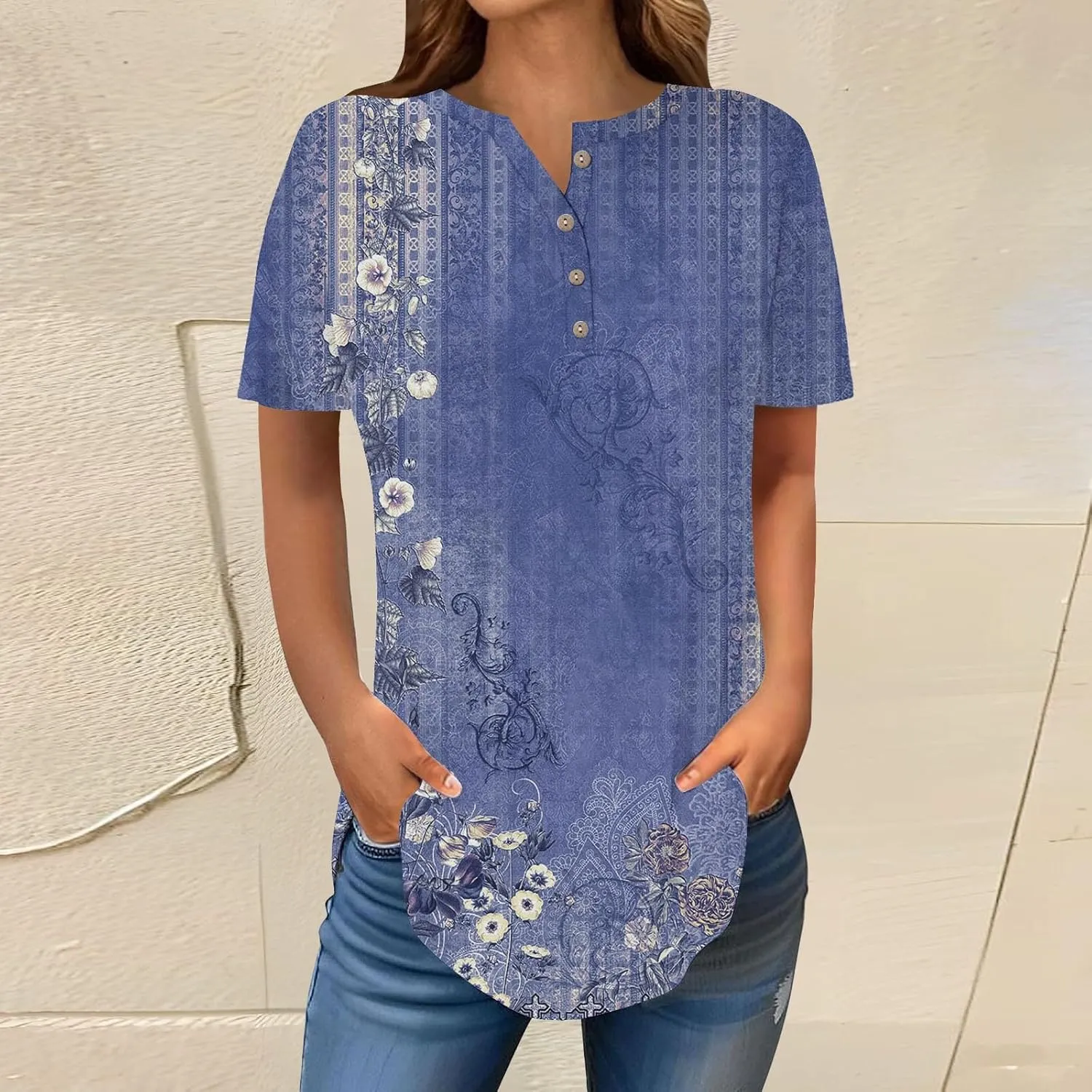 SHAOBGE Summer Tops for Women 2025 Vacation Trendy V Neck Boho Short Sleeve Shirts Casual Loose Comfy Tunics