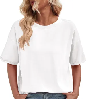 Short Sleeve Shirts for Women Loose Fit Cotton Casual Tops Oversized Reverse Seam Y2k Shirts Cozy Crewneck Basic Tees