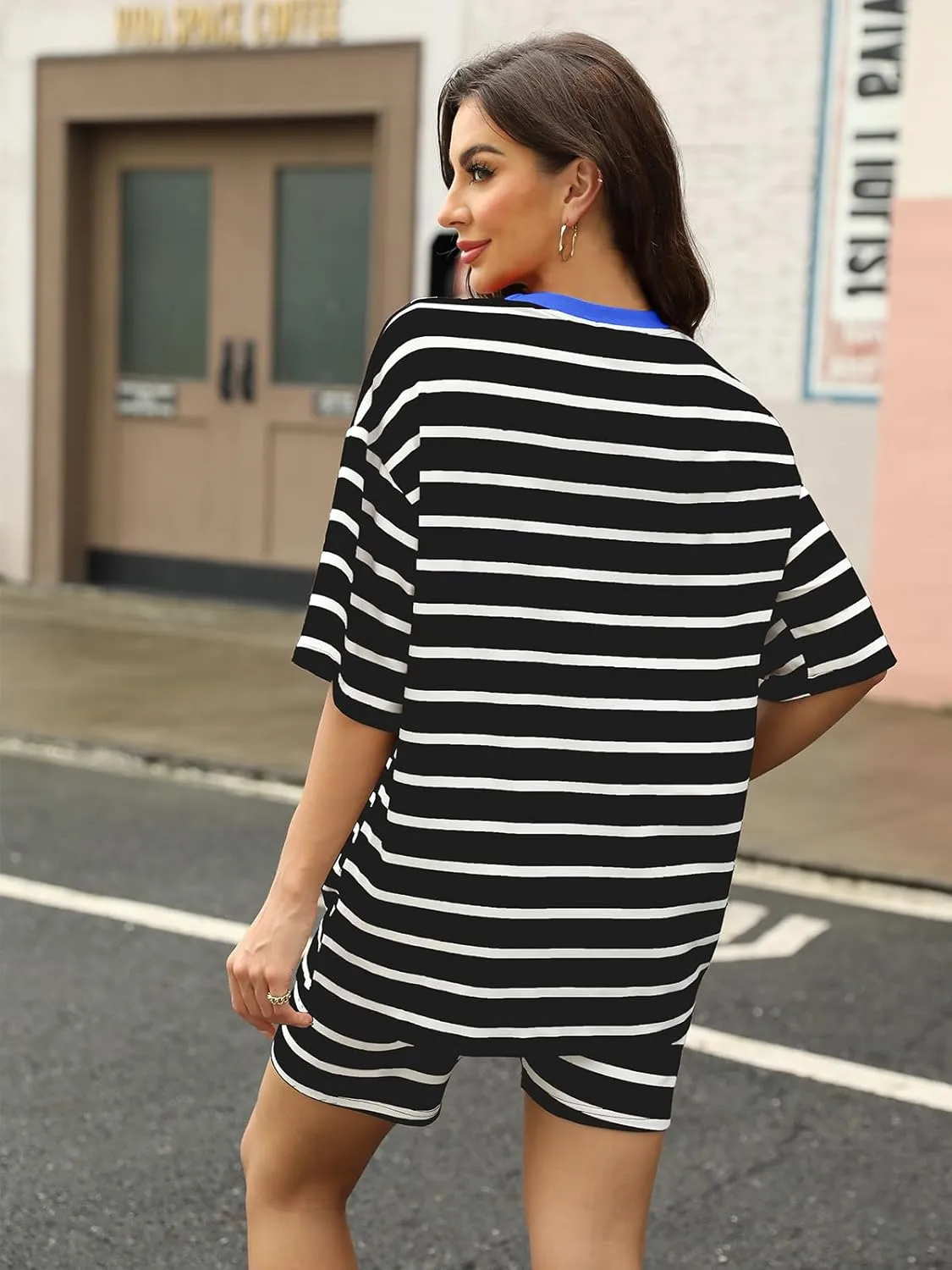 Shorts Sets Women Striped Outfits Oversized T Shirts 2025 Striped Lounge Wear Summer Outfits Tracksuit