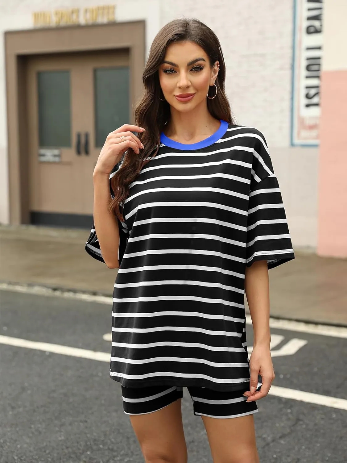 Shorts Sets Women Striped Outfits Oversized T Shirts 2025 Striped Lounge Wear Summer Outfits Tracksuit