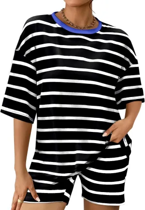 Shorts Sets Women Striped Outfits Oversized T Shirts 2025 Striped Lounge Wear Summer Outfits Tracksuit