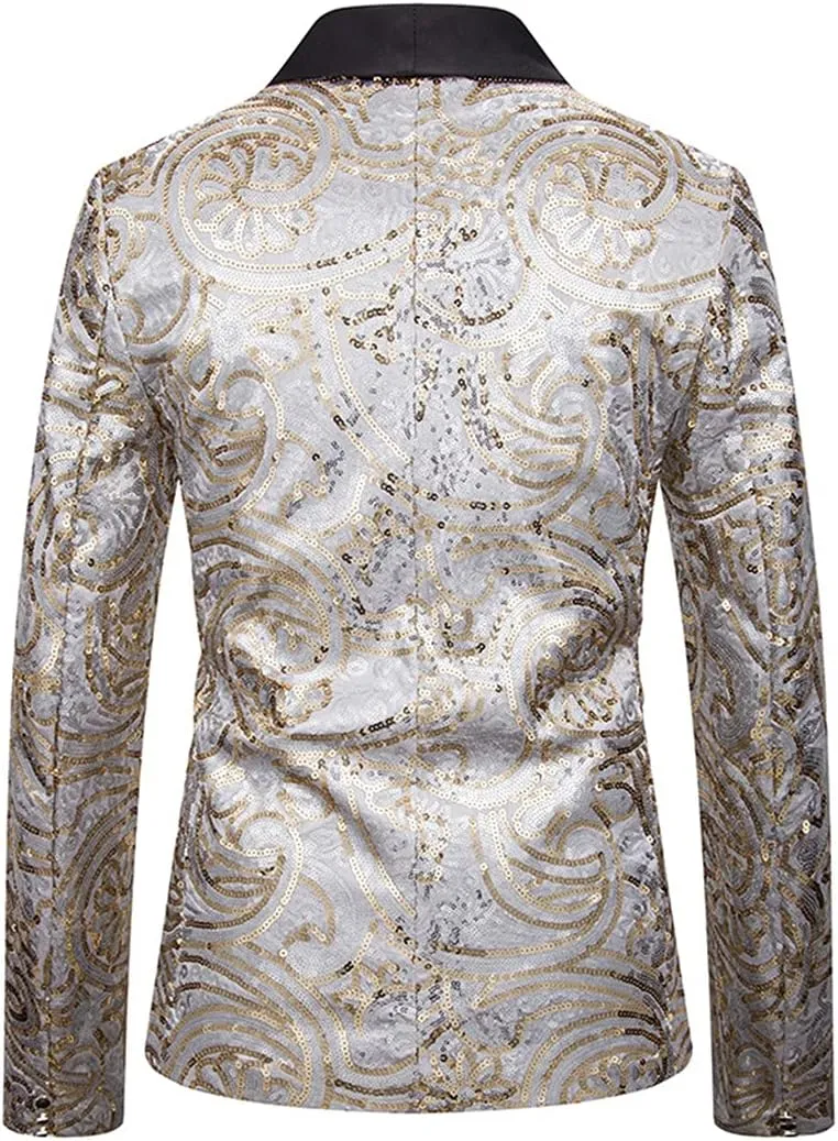 Silver Sequins Suits Blazer Men Slim Fit Shawl Collar Suit Jacket Men Blazer