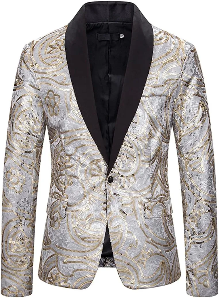 Silver Sequins Suits Blazer Men Slim Fit Shawl Collar Suit Jacket Men Blazer
