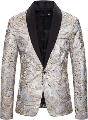 Silver Sequins Suits Blazer Men Slim Fit Shawl Collar Suit Jacket Men Blazer
