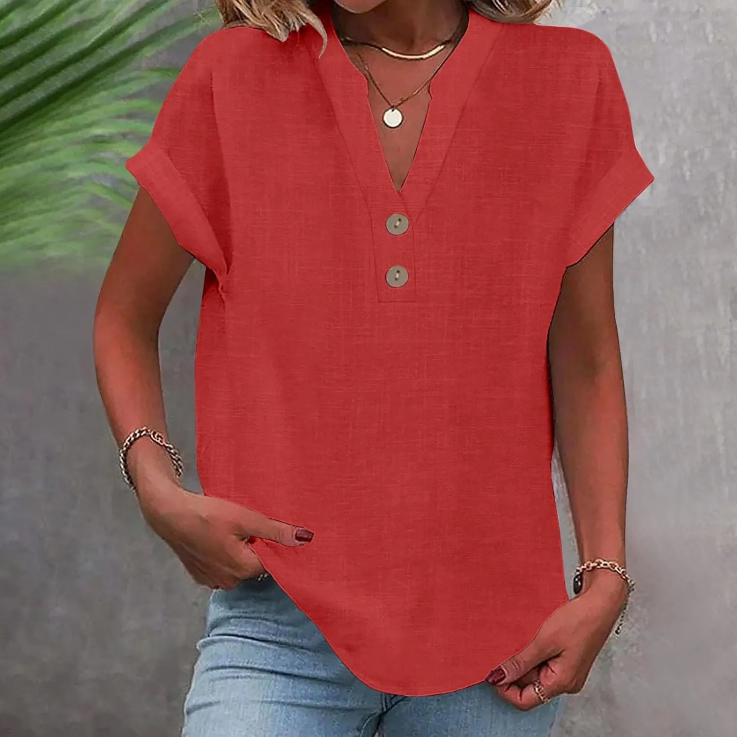 Summer Tops for Women 2025 Trendy Short Sleeve Cotton Linen Shirts Lightweight Casual Button V Neck Blouse Loose Tops