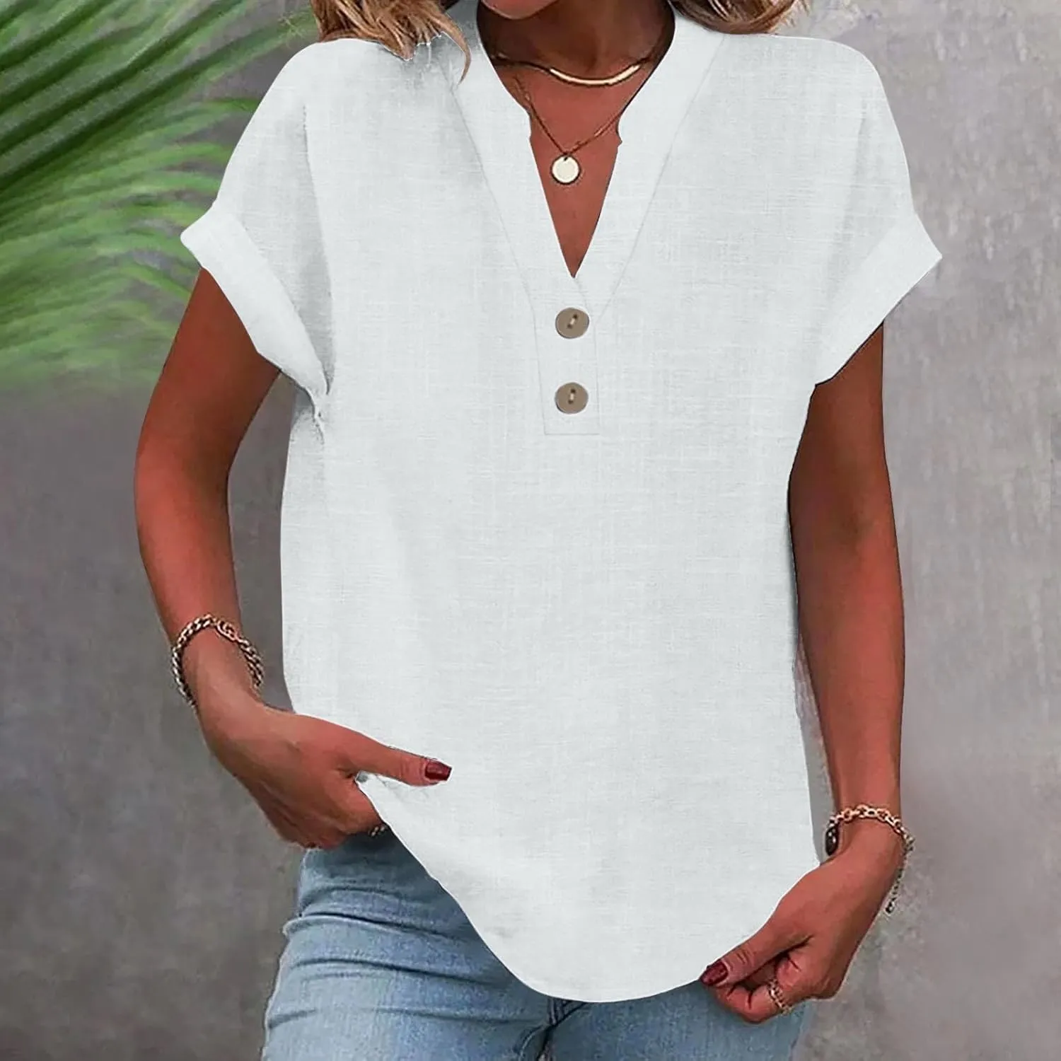Summer Tops for Women 2025 Trendy Short Sleeve Cotton Linen Shirts Lightweight Casual Button V Neck Blouse Loose Tops