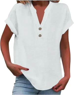 Summer Tops for Women 2025 Trendy Short Sleeve Cotton Linen Shirts Lightweight Casual Button V Neck Blouse Loose Tops
