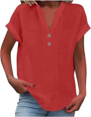 Summer Tops for Women 2025 Trendy Short Sleeve Cotton Linen Shirts Lightweight Casual Button V Neck Blouse Loose Tops