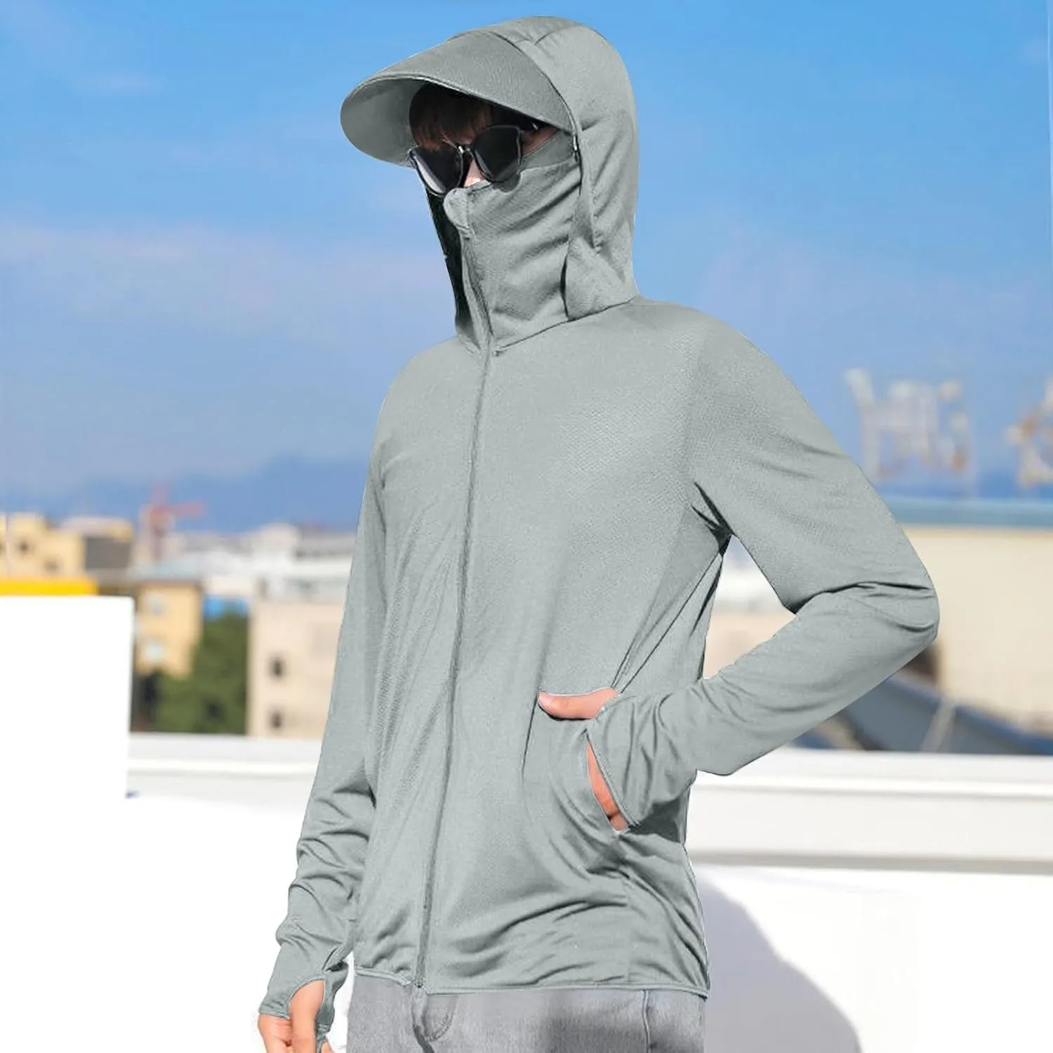 Sun Shirts for Men Hooded UPF 50  Long Sleeve Fishing Shirt with Mask UV Neck Gaiter Full Zip up Hoodie with Pockets