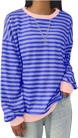 TANGNADE Womens Oversized Striped Blouse Color Block Long Sleeve Shirt Crewneck Pullover Striped Outfits Casual Clothes