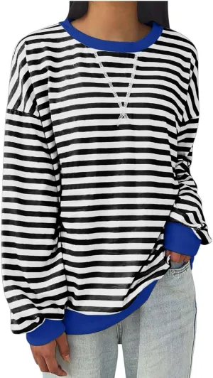TANGNADE Womens Oversized Striped Blouse Color Block Long Sleeve Shirt Crewneck Pullover Striped Outfits Casual Clothes