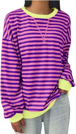 TANGNADE Womens Oversized Striped Blouse Color Block Long Sleeve Shirt Crewneck Pullover Striped Outfits Casual Clothes
