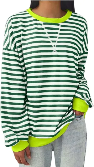 TANGNADE Womens Oversized Striped Blouse Color Block Long Sleeve Shirt Crewneck Pullover Striped Outfits Casual Clothes