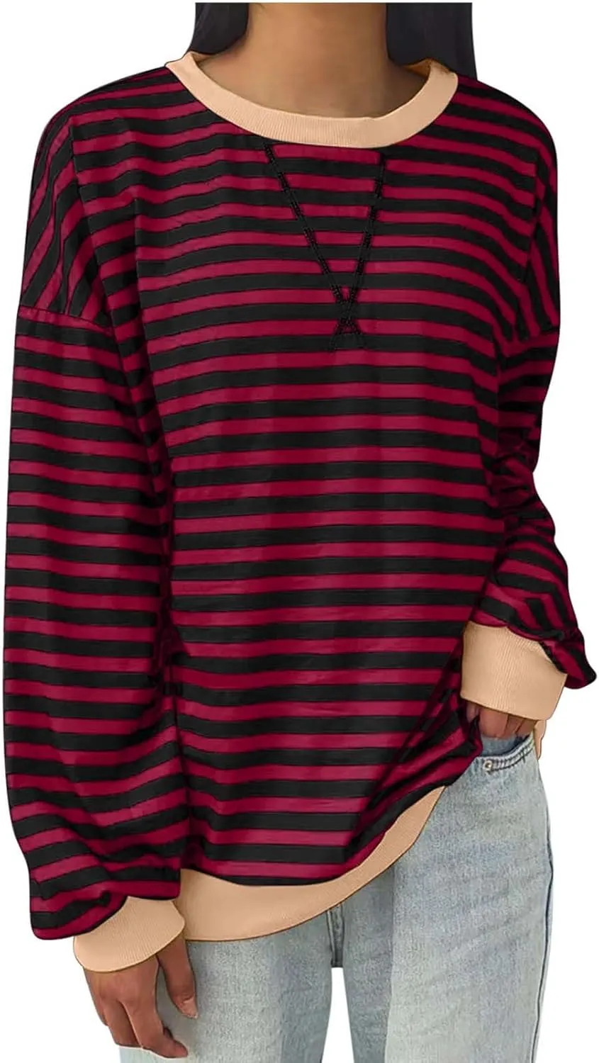 TANGNADE Womens Oversized Striped Blouse Color Block Long Sleeve Shirt Crewneck Pullover Striped Outfits Casual Clothes