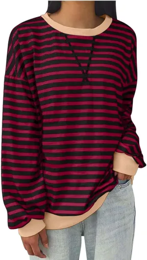 TANGNADE Womens Oversized Striped Blouse Color Block Long Sleeve Shirt Crewneck Pullover Striped Outfits Casual Clothes