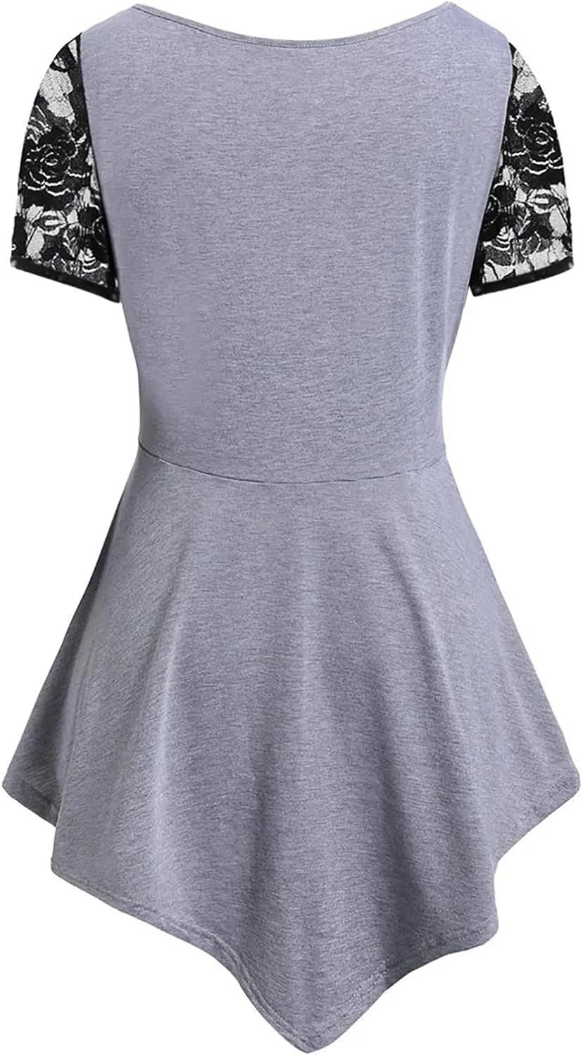 Tee Shirts for Women Summer Fall Short Sleeve Crewneck Lace Floral Loose Fit Plus Size Basic Tops Shirts Women 2025