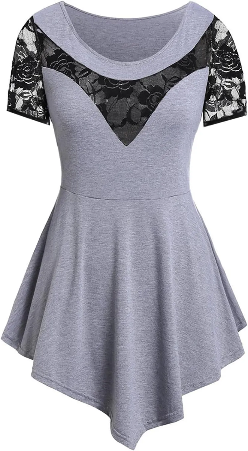 Tee Shirts for Women Summer Fall Short Sleeve Crewneck Lace Floral Loose Fit Plus Size Basic Tops Shirts Women 2025