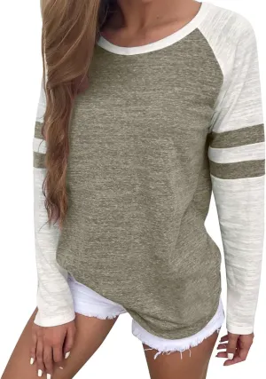 Tops Striped Long Sleeve Shirts for Women Color Block Baseball T-Shirt Crewneck Tops Casual Loose Tees
