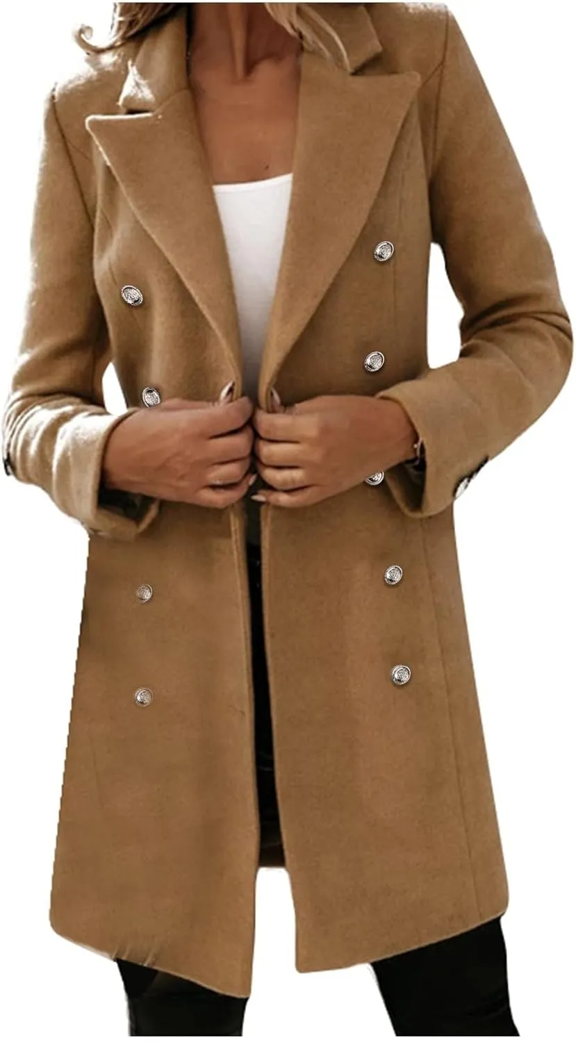 Trench Coat Women Long Wool Double Breasted Blazer Fall Winter Notch Lapel Jacket Business Casual Mid-Long Peacoat