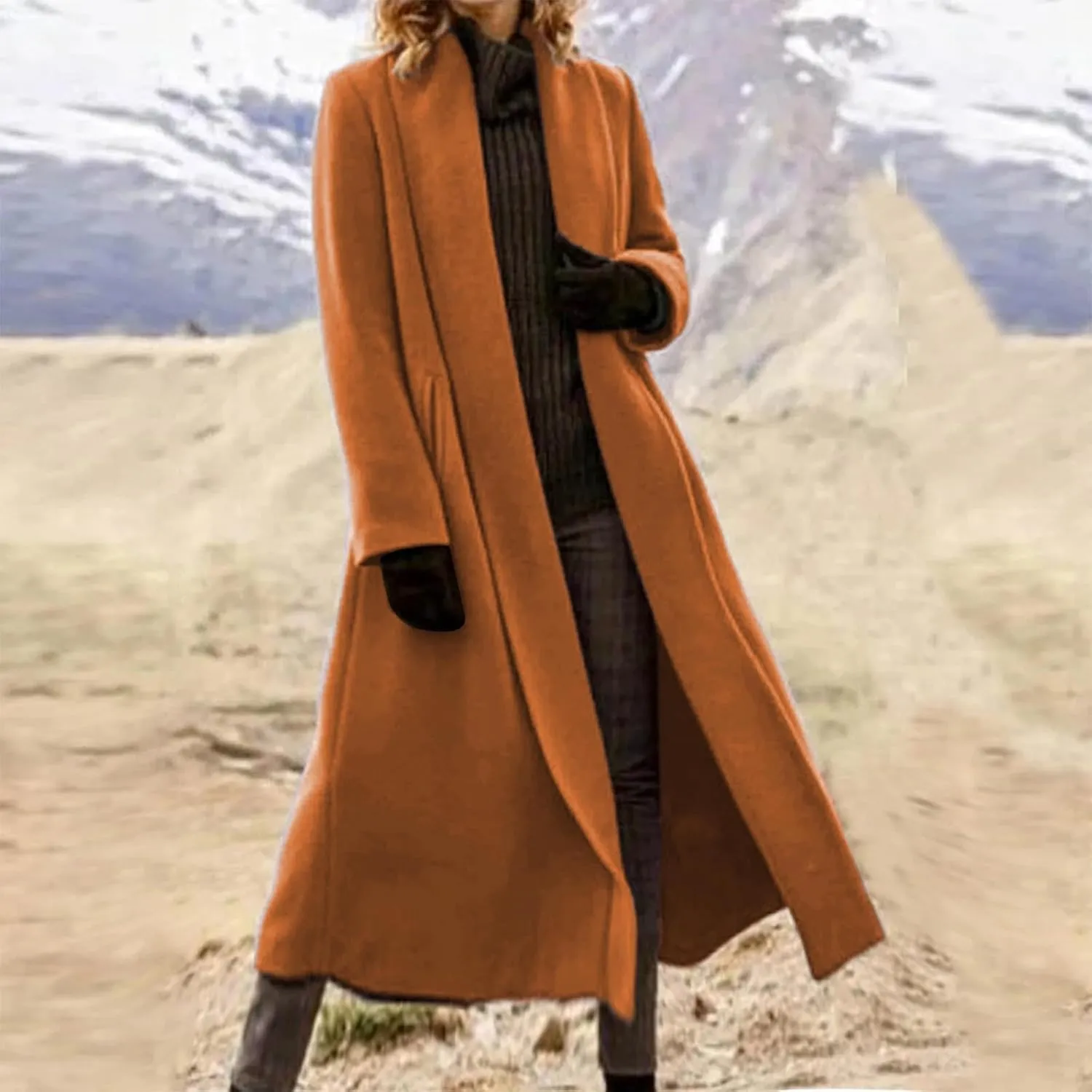 Trench Coat Women Winter Wool Blend Pea Coat Long Sleeve Lapel Coat Oversized Open Front Cardigan Sweater Coats