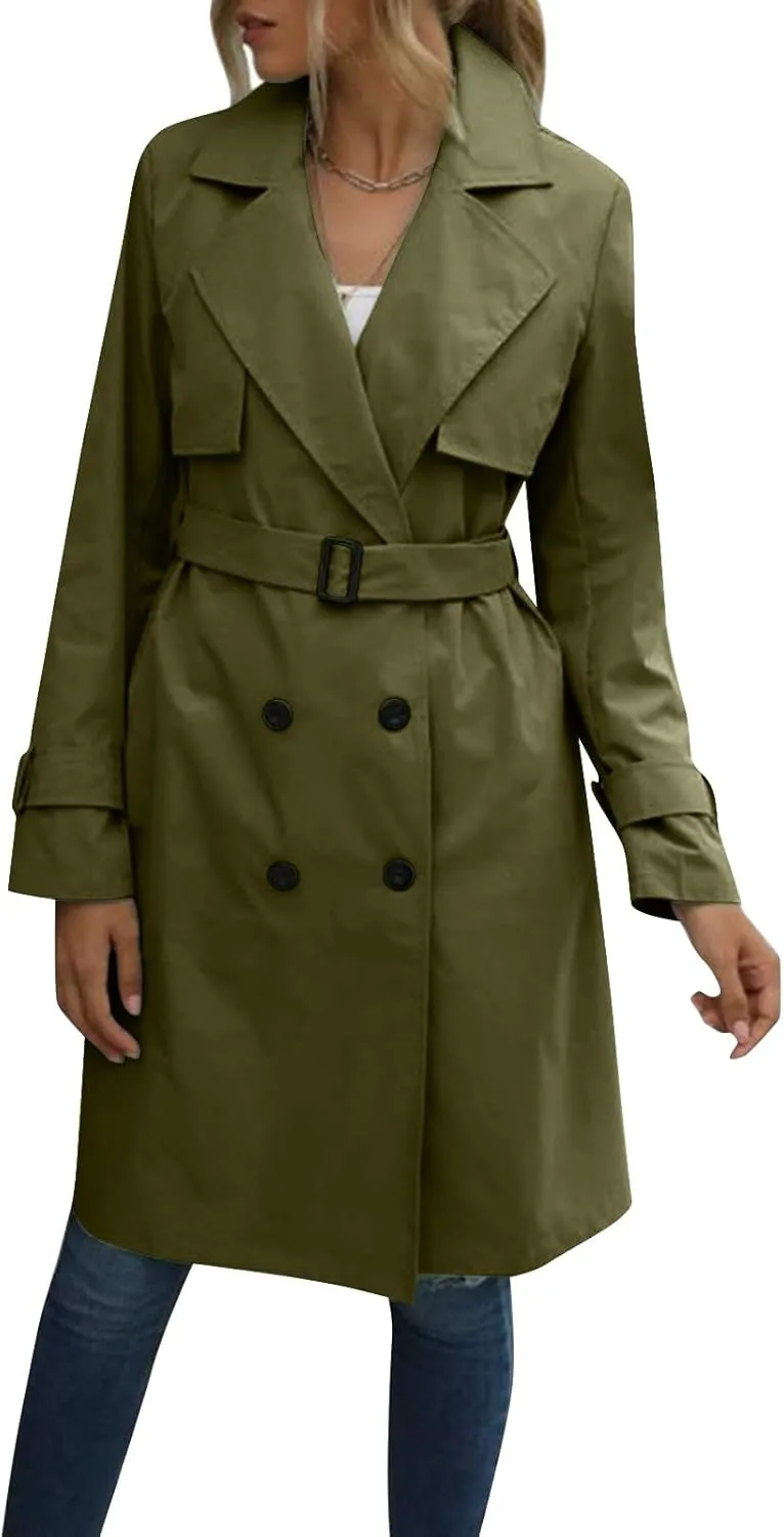 Trench Coat Women,2024 Classic Lapel Double Breasted Overcoat With Belted Elegant Trendy Mid-Length Fall Windbreaker