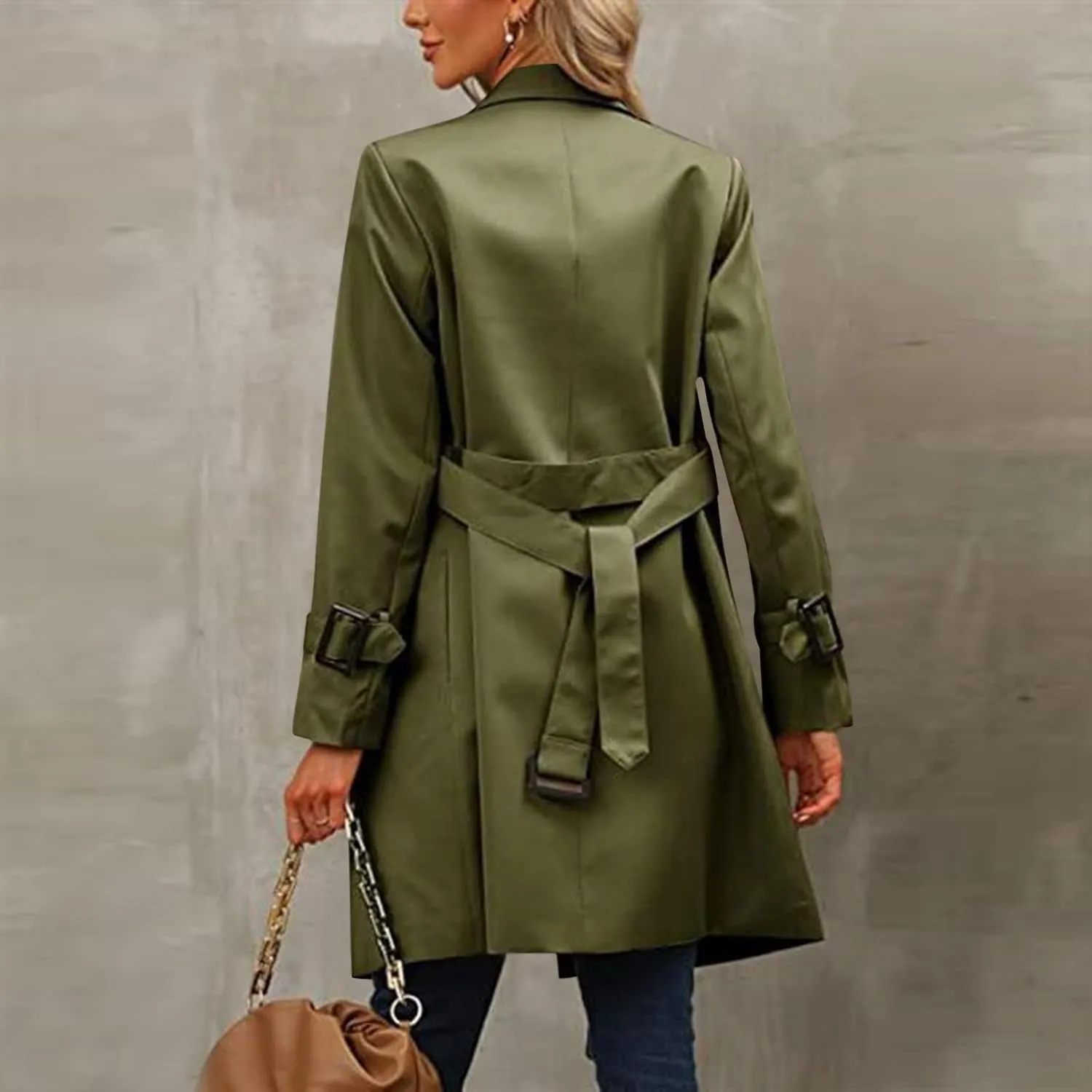 Trench Coat Women,2024 Classic Lapel Double Breasted Overcoat With Belted Elegant Trendy Mid-Length Fall Windbreaker