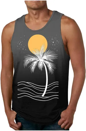 Uillui Mens Beach Tank Top Fashion Hawaiian Palm Graphic T-Shirts Summer Wokout Gym Sleeveless Muscle Tank Tops Vacation Tee
