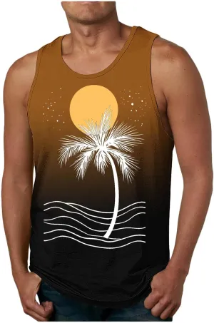 Uillui Mens Beach Tank Top Fashion Hawaiian Palm Graphic T-Shirts Summer Wokout Gym Sleeveless Muscle Tank Tops Vacation Tee