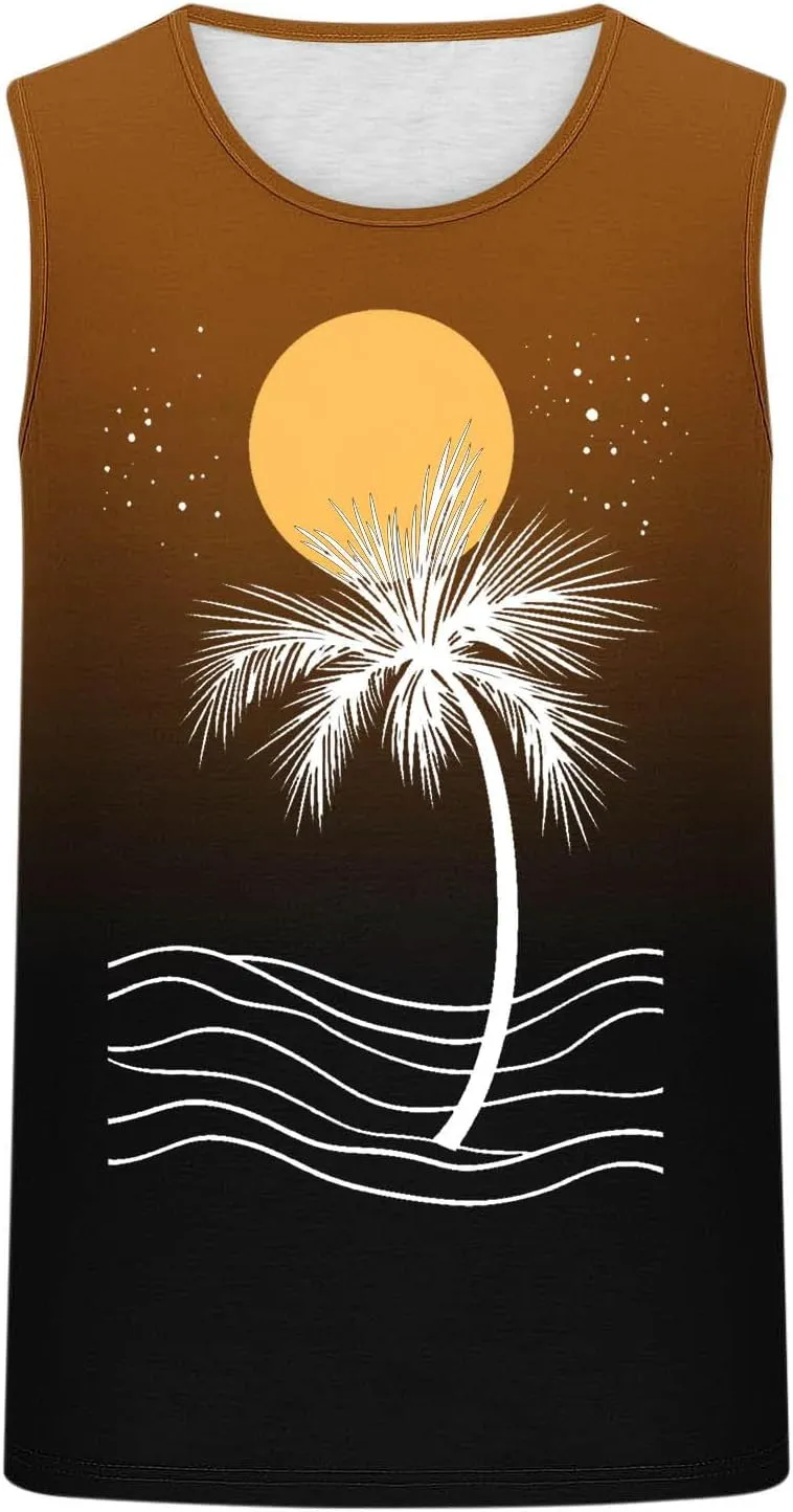 Uillui Mens Beach Tank Top Fashion Hawaiian Palm Graphic T-Shirts Summer Wokout Gym Sleeveless Muscle Tank Tops Vacation Tee