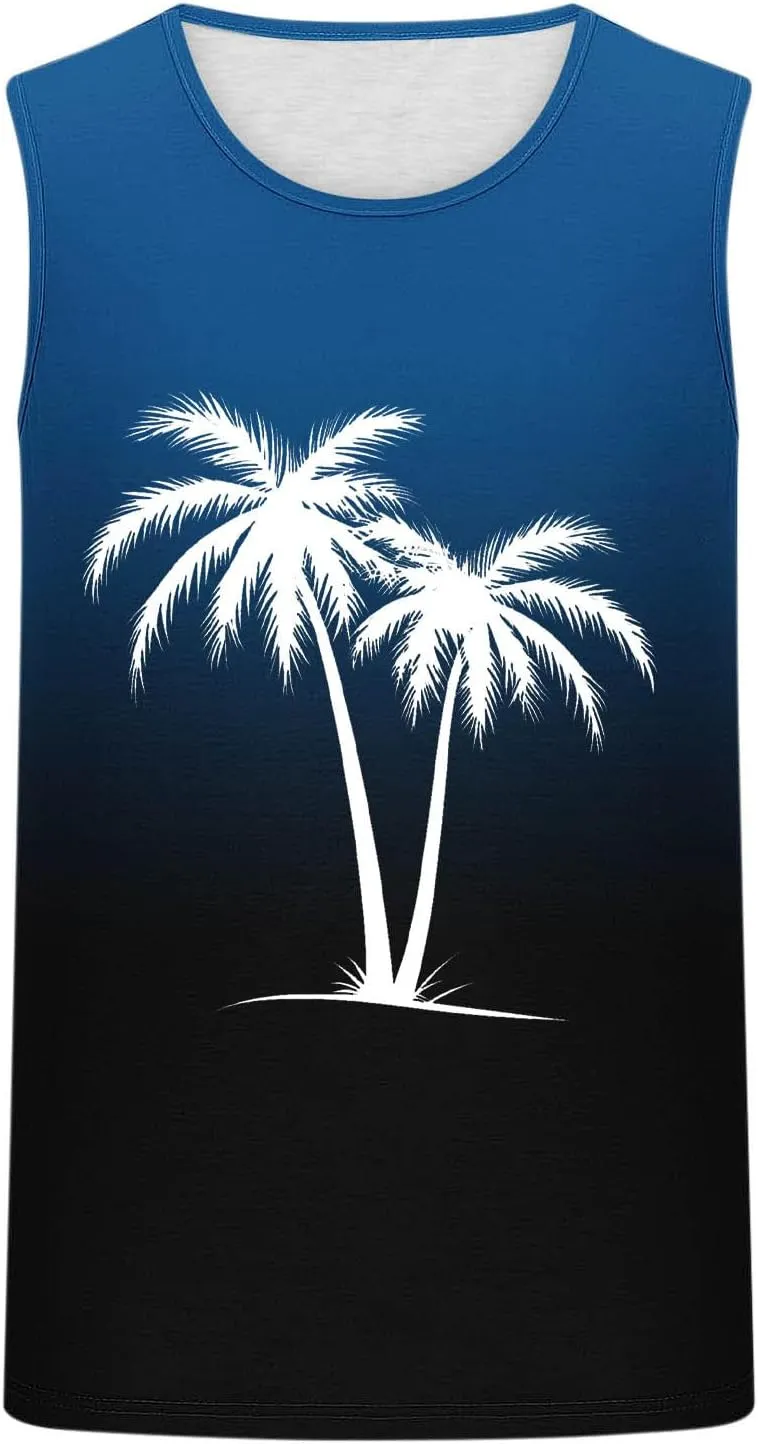 Uillui Men's Graphic T-Shirts Palm Tree Beach Shirts Summer Gym Workout Sleeveless Muscle Tank Tops Casual Cotton Tank Tops