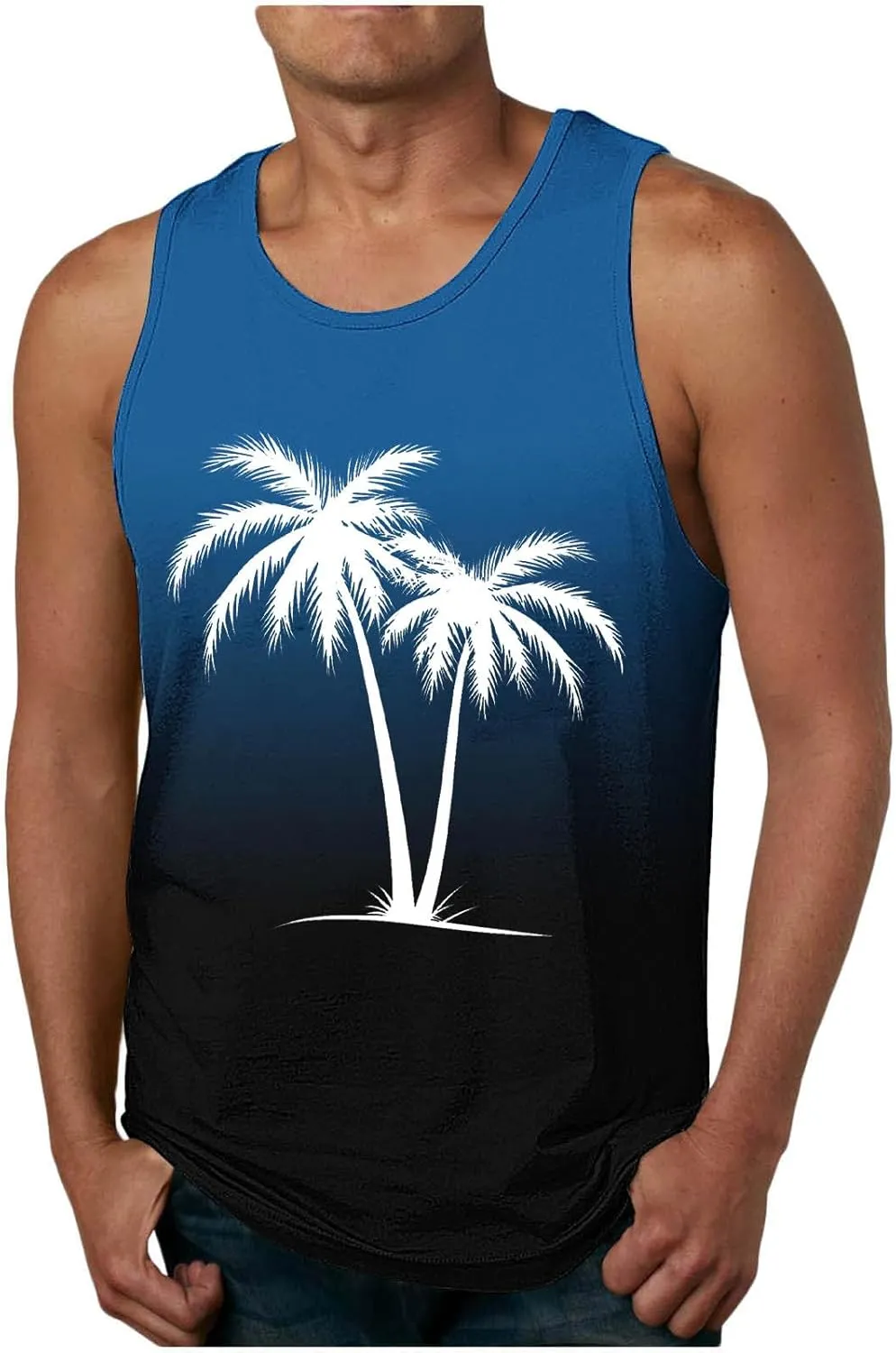 Uillui Men's Graphic T-Shirts Palm Tree Beach Shirts Summer Gym Workout Sleeveless Muscle Tank Tops Casual Cotton Tank Tops