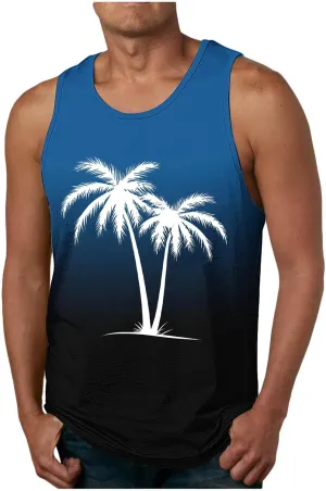 Uillui Men's Graphic T-Shirts Palm Tree Beach Shirts Summer Gym Workout Sleeveless Muscle Tank Tops Casual Cotton Tank Tops