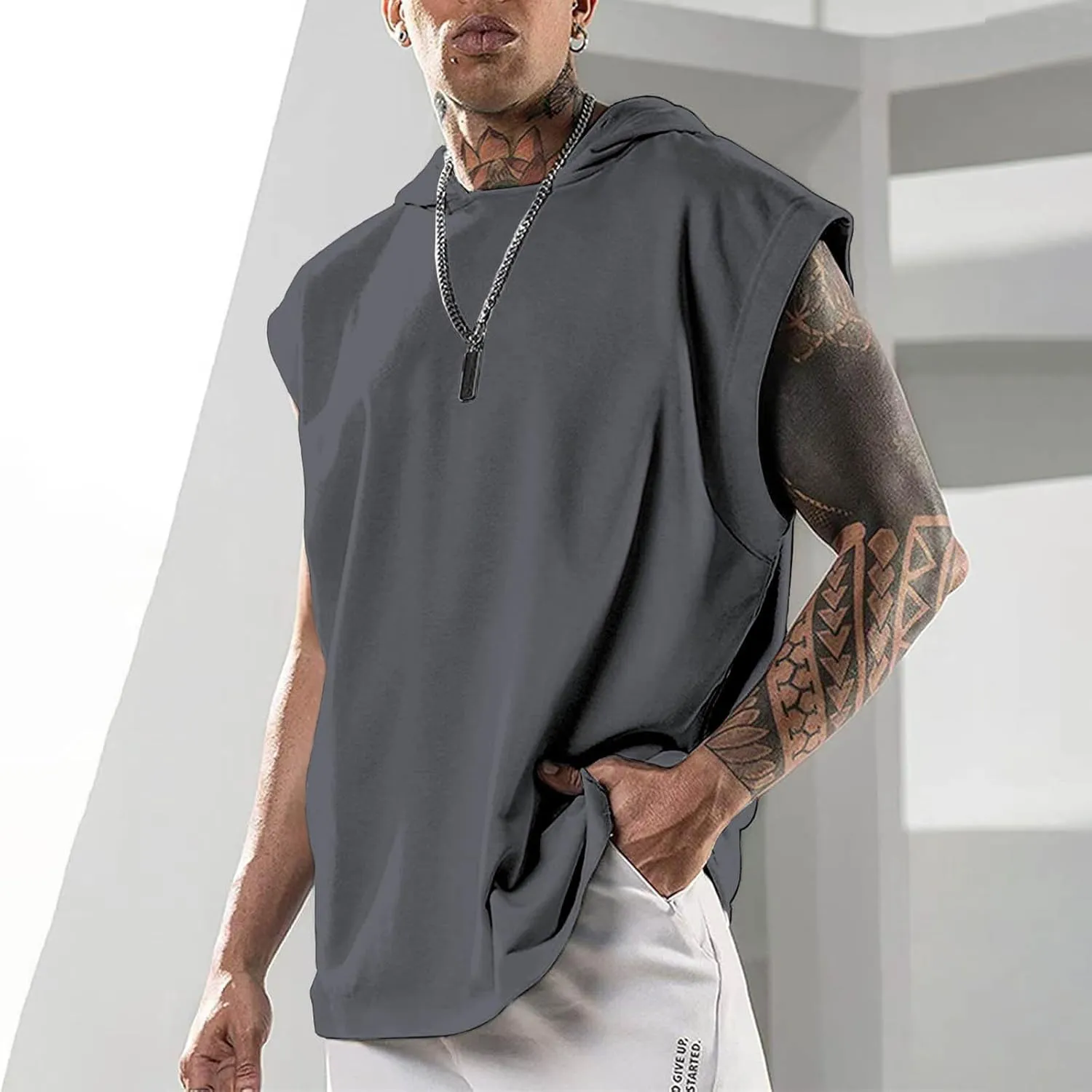 Uillui Mens Workout Tank Tops with Hood Bodybuilding Muscle Cut T-Shirts Fitness Training Tee Sleeveless Athletic Gym Hoodie