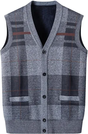 V Neck Plaid Sweater Vests for Men Classic Sleeveless Cardigan Vest Knitwear Button Up Autumn Winter Warm Tank Tops