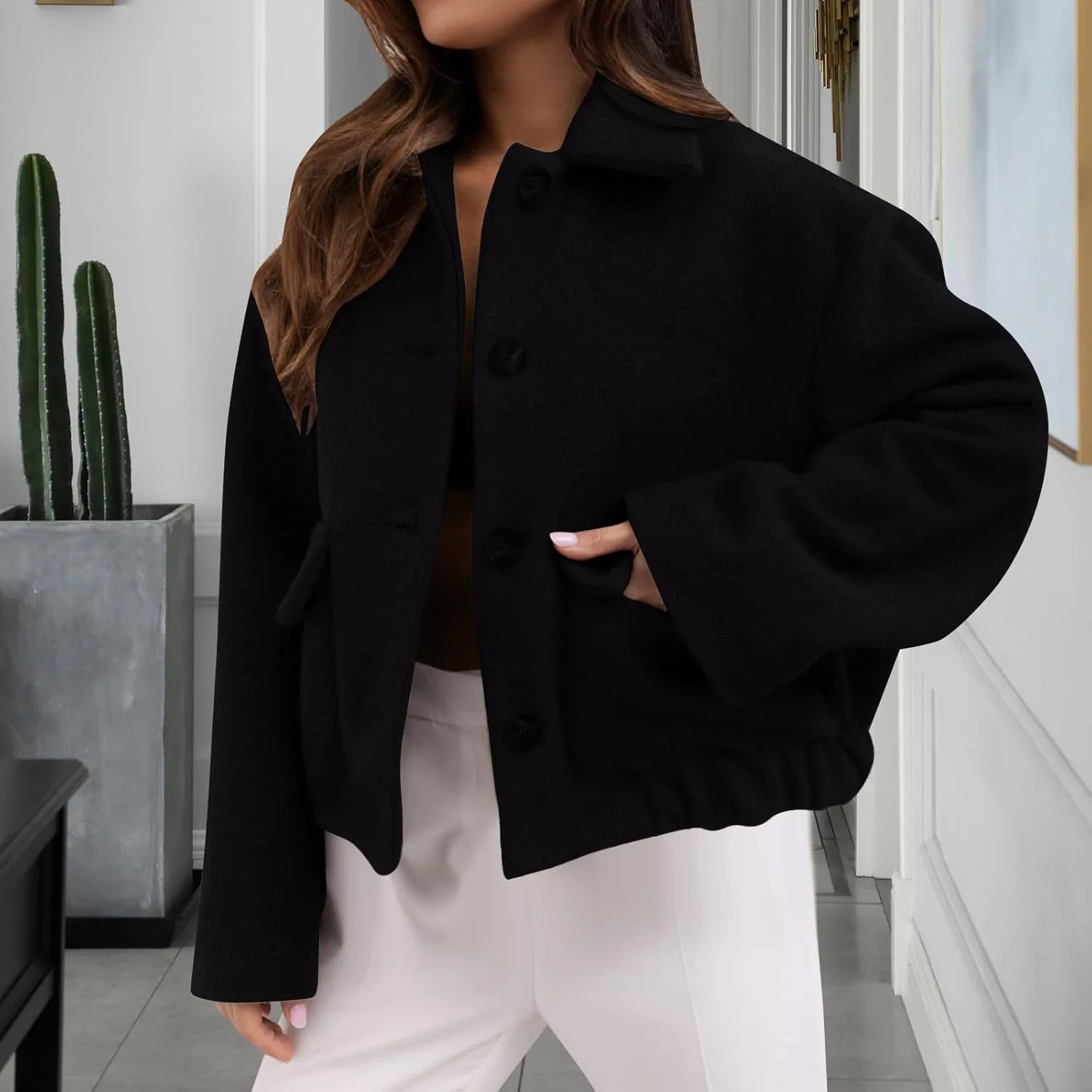 Winter Coats for Women 2024 Fashion Elegant Lapel Collar Cropped Peacoat Fall Warm Woolen Trench Coat Outerwear