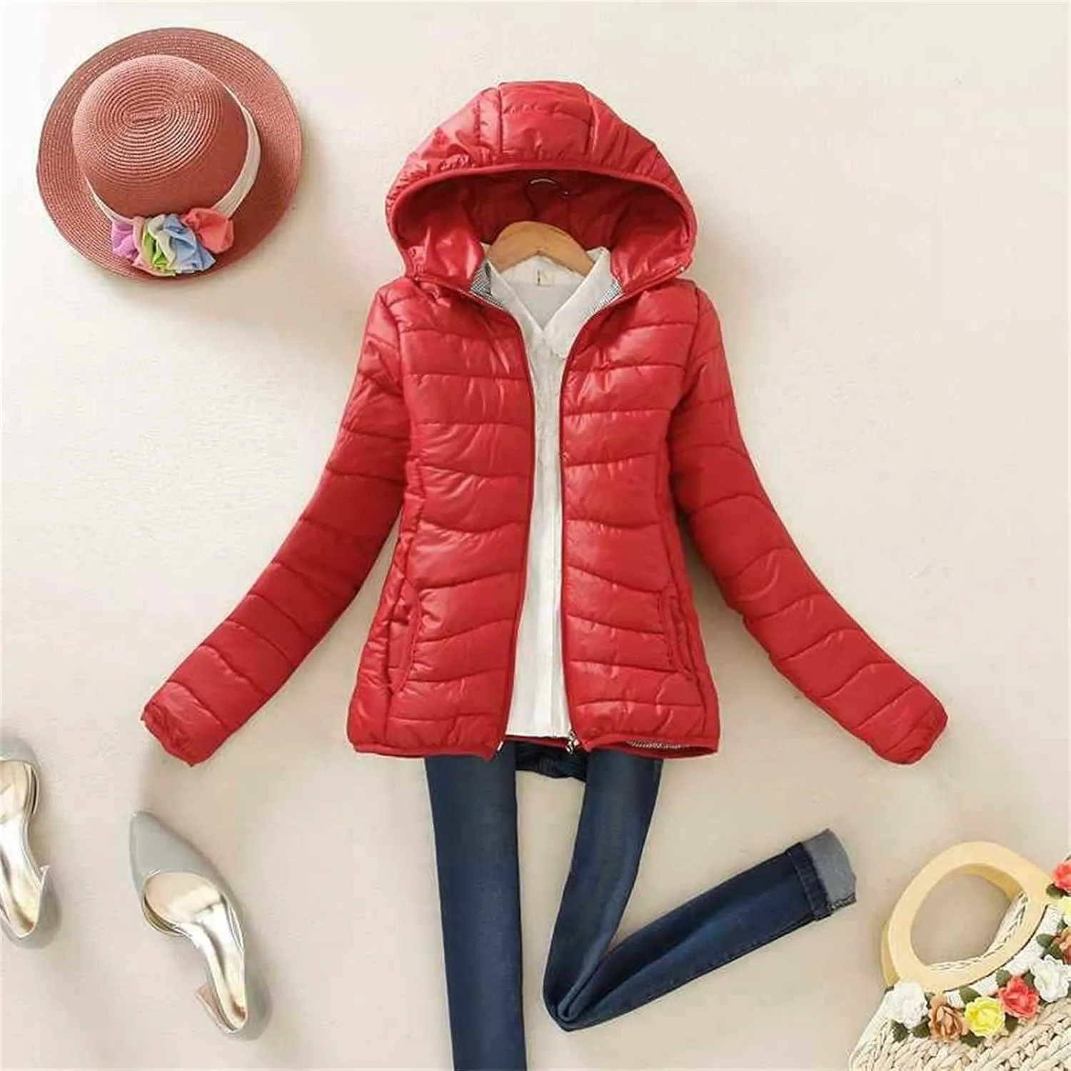 Winter Jackets for Women Trendy Warm Lightweight Puffer Coats Solid Quilted Full Zip Down Outerwear with Hood