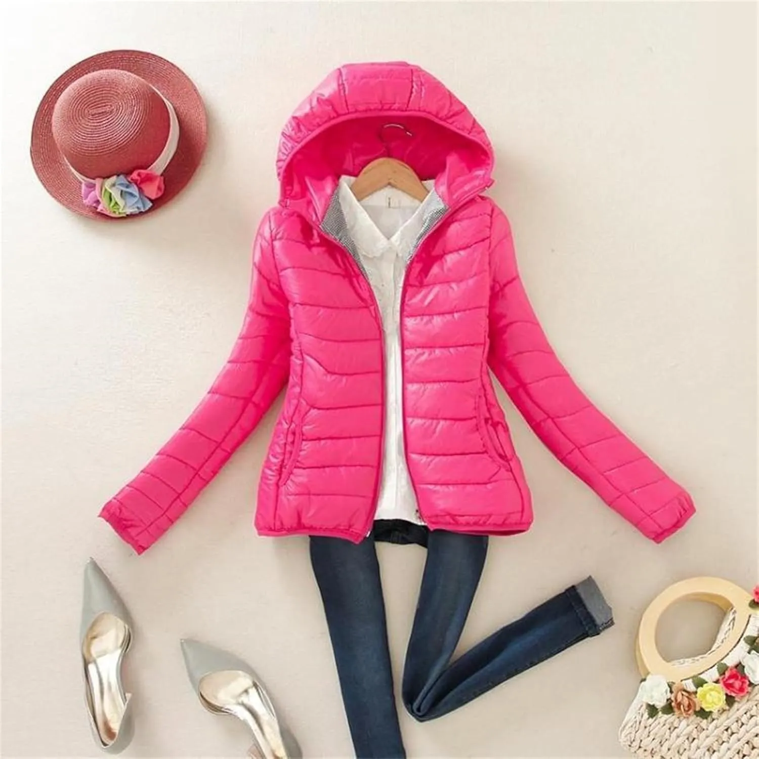 Winter Jackets for Women Trendy Warm Lightweight Puffer Coats Solid Quilted Full Zip Down Outerwear with Hood