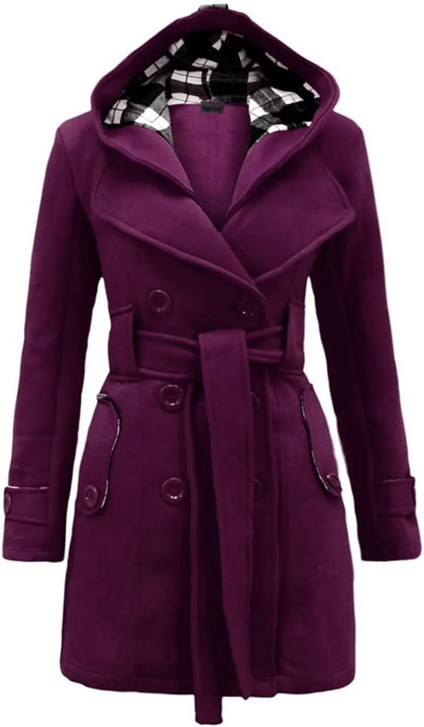 Winter Trench Coat Women Lapel Double Breasted Wool Blend Pea Coats Fashion Plaid Hooded Long Jacket with Belted