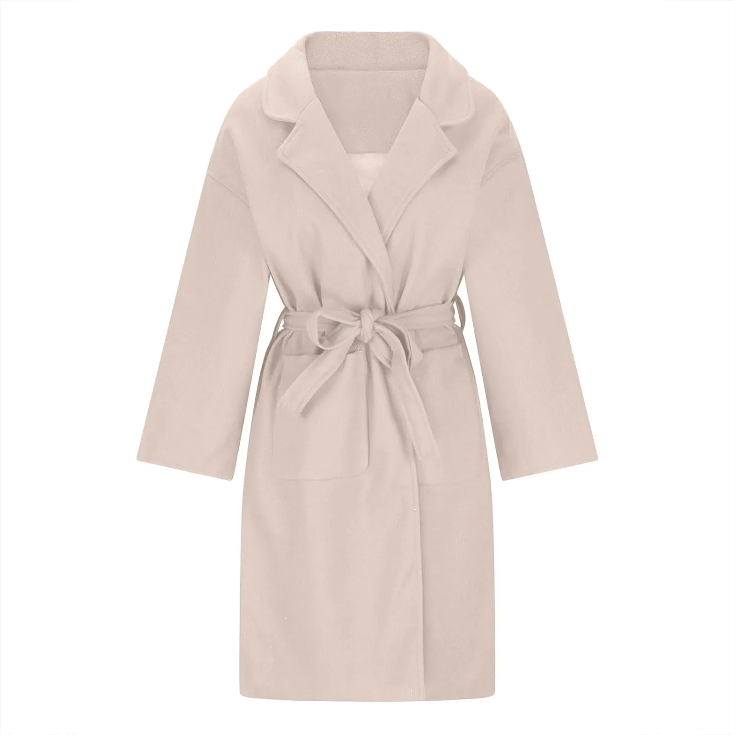 Winter Wool Coat for Women Notch Lapel Collar Open Front Pea Coat Loose Warm Mid-Long Trench Coats Overcoat